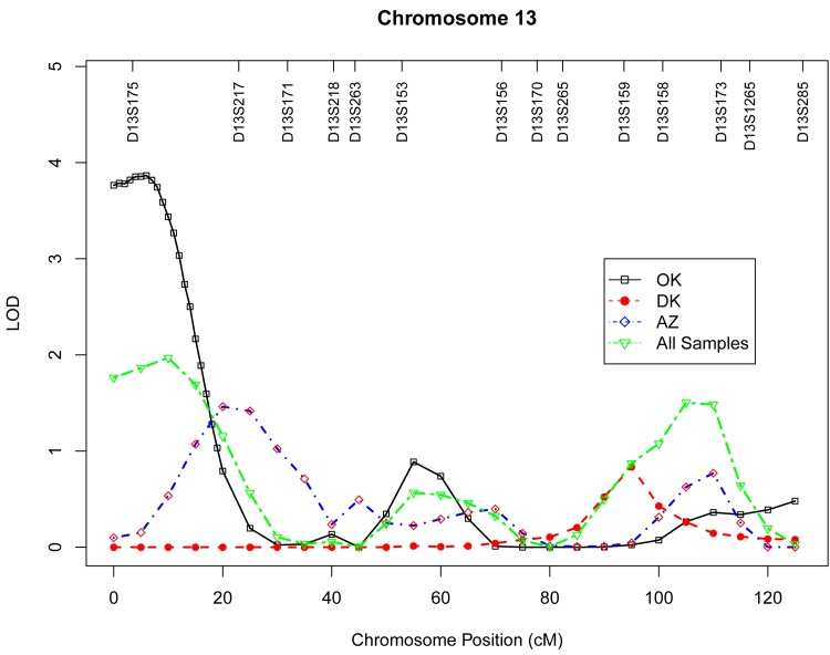 Multipoint LOD scores on chromosome 13 for log-transformed leukocyte telomere length for each center and combined samples. Model was adjusted for age at enrollment, sex, BMI, and total triglyceride. The analysis for combined sample additionally adjusted for study center.