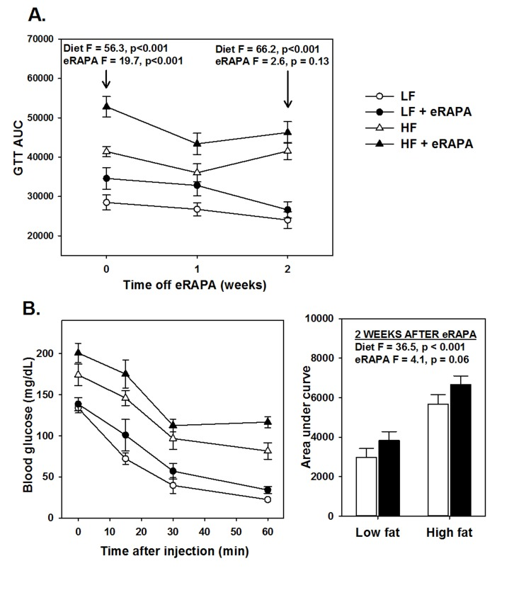 (A) Area under curve (AUC) calculations for glucose tolerance tests following 0, 1 and 2 weeks after cessation of encapsulated rapamycin (eRAPA) treatment. (B) Insulin tolerance tests (left) and AUC calculations (right) in mice 2 weeks after cessation of eRAPA treatment. For both, symbols represent average (± SEM) values for n=6 mice treated with (solid) or without (open) eRAPA for the indicated diet. F and p values are given for either 2 way ANOVA testing indicated variables.