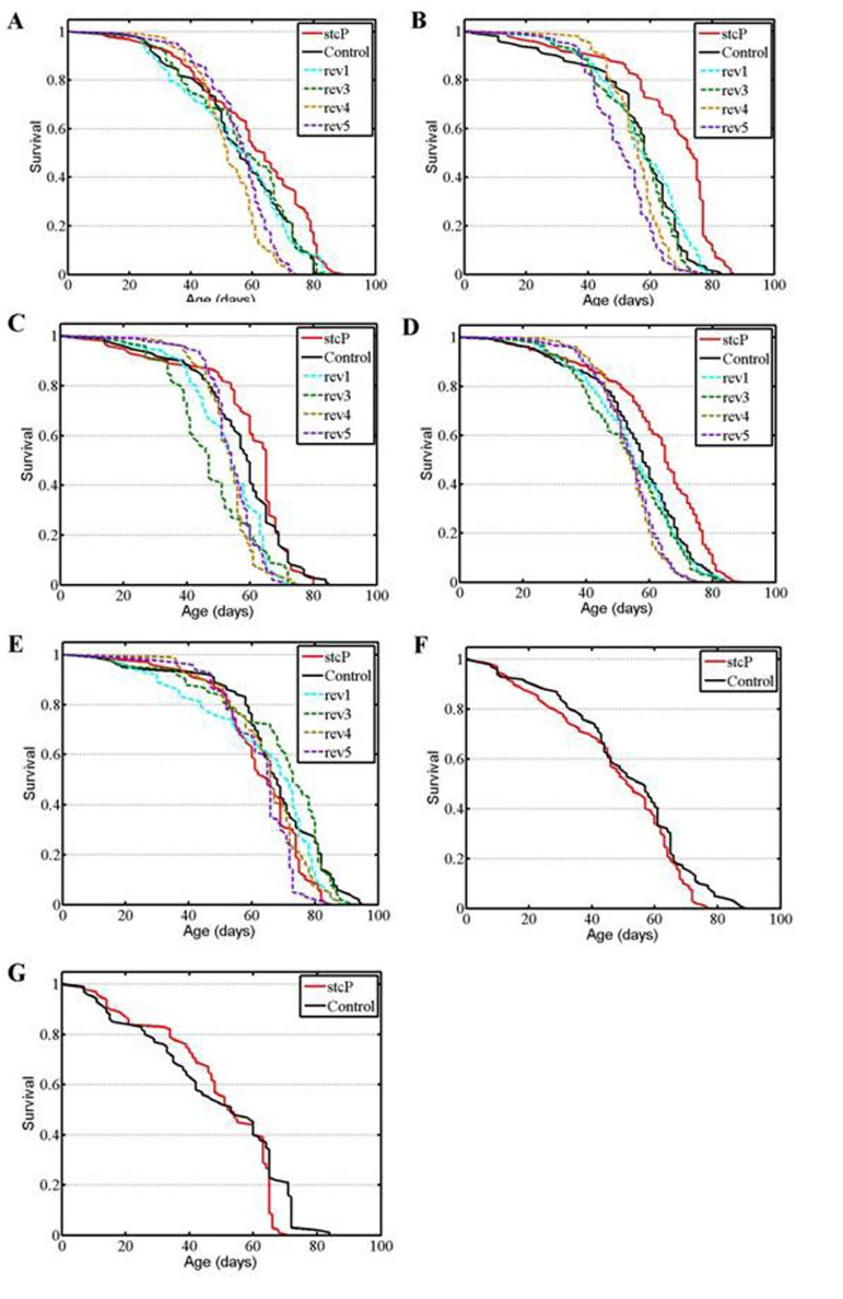 Survival of unmated females and males. (A, B, C) experiments #1, #2, #3 with females. (D) combined data for the three experiments. (E, F, G) experiments #1, #2, #3 with males.