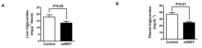 (A) 4 weeks of mIndy ASO treatment resulted in a 25% reduction in liver triglycerides and (B) a 35% reduction in plasma triglycerides. All data are mean ± SEM, N=10 for each group; significances by double sided t-test