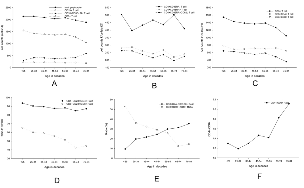 Linear diagrams showed age-related changes by decade for lymphocyte subsets of (A) total lymphocyte cells, CD19+ (B) cell, CD16CD56+ NK cell and CD3+ T cell B CD3+ T cell, CD4+ T cell and CD8+ T cell; (C) CD4+CD45RA−, CD4+CD45RA+ and D4+CD45RA+CD62L+ (D) CD4+CD28+, CD8+CD28+ (E) CD8+HLA.DR+/CD8+ and CD8+CD38+/CD8+ (F) CD4+/CD8+.