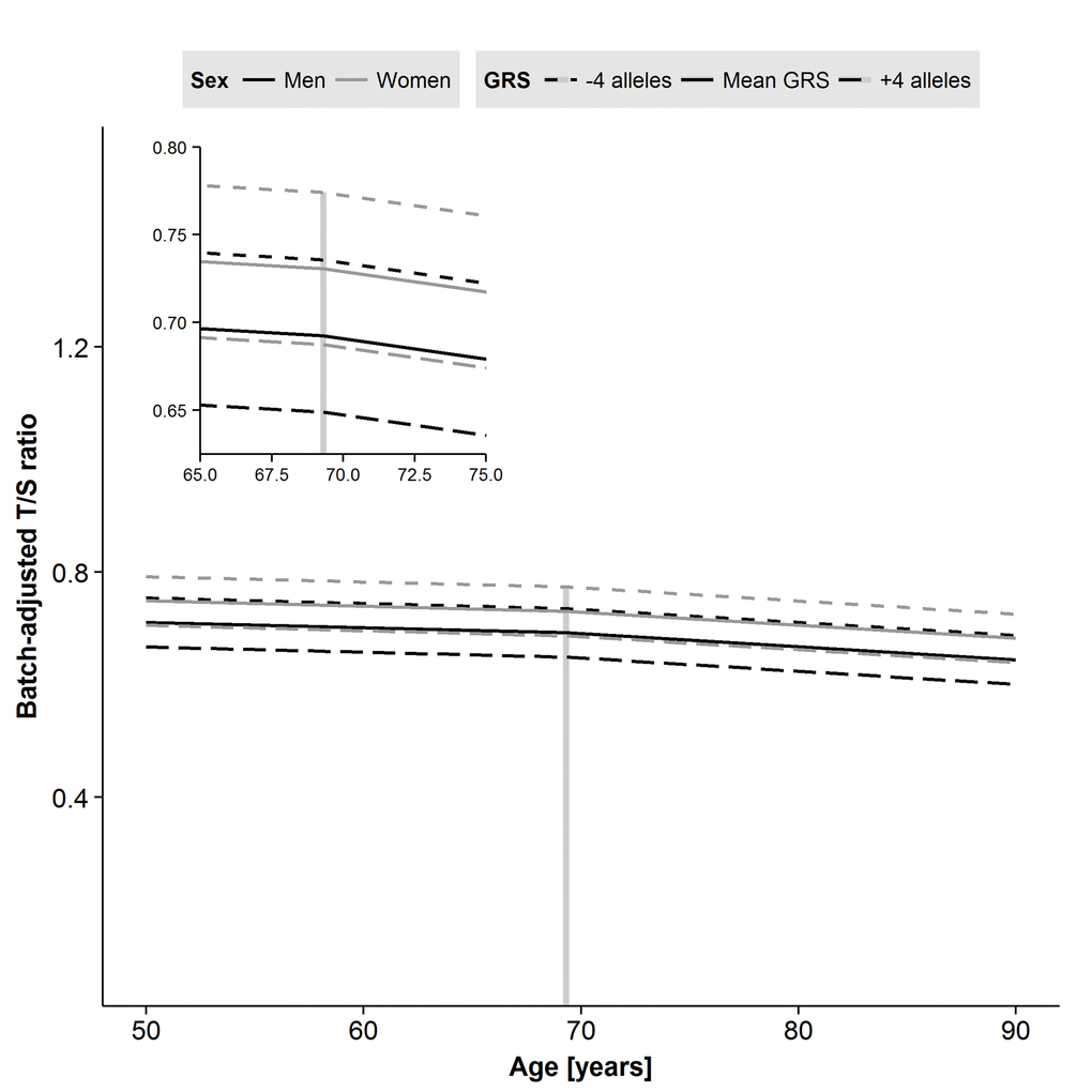 Predicted trajectories for men and women based on parameter estimates from the two-slope model of leukocyte telomere length (LTL) including sex and genetic risk score (GRS) effects. Male sex and addition of risk alleles in the GRS each result in shorter LTL. A decline after the centering age of 69.3 years is apparent for both men and women. Age in years is on the x-axis, and the plate-adjusted residuals of LTL re-scaled back to T/S-ratio is on the y-axis. The dashed line indicates centering age and the left corner panel is a zoomed version.