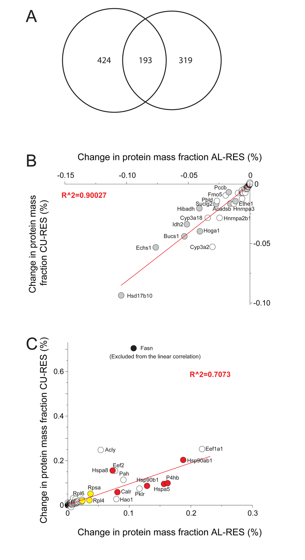 Differences in protein masses between RES, AL and CU regimes. (A) Venn diagram showing the 617 proteins, whose mass was significantly different between RES and AL (left) and the 513 proteins whose mass became significantly changed during one day of RES to CU transition (right). 193 proteins (center) varied significantly in both comparisons. (B) Proteins whose mass proportions were significantly higher in RES than in AL and CU. (C) Proteins whose mass proportions were significantly lower in RES than in AL and CU. Grey, mitochondrial proteins. Red: chaperone proteins. Yellow: ribosomal proteins. White: others.