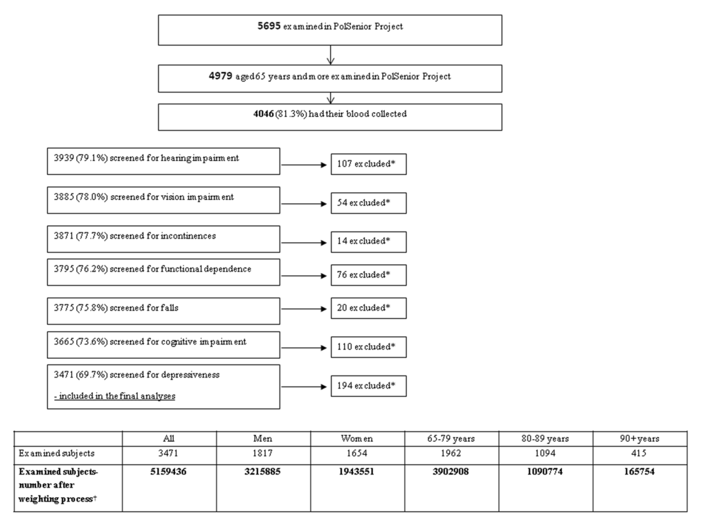 Group selection process. * Exclusion due to lack of complete data. † Weights for gender and age have been applied to produce nationally representative estimates for population aged 65 years and older.