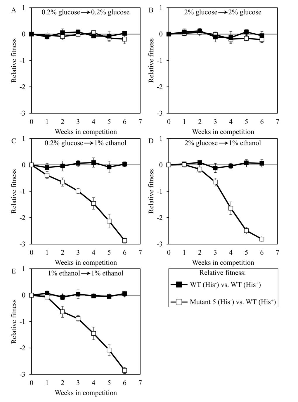 Dominant polygenic trait extending longevity of the long-lived yeast mutant 5 decreases its relative fitness in medium initially containing 1% ethanol. The WT strains BY4742 (His-) and BY4739 (His+, but otherwise isogenic to BY4742) were cultured separately in the complete YP medium containing 0.2% glucose, 2% glucose or 1% ethanol glucose until mid-exponential phase. Another pair of strains whose relative fitness was measured, namely the long-lived mutant strain 5 (His-; selected during lasting exposure of BY4742 to LCA) and the WT strain BY4739 (His+), was also cultured separately in YP medium containing 0.2% glucose 2% glucose or 1% ethanol glucose until mid-exponential phase. Cells of the His+ strain were mixed with the same number of cells of the His- strain and then co-cultured for 7 days in liquid YP medium initially containing different carbon sources. Cells of the His- and His+ strains pre-cultured separately on 0.2% glucose were subjected to direct fitness competition by being cultured together on 0.2% glucose (A) or 1% ethanol (C). Cells of the His- and His+ strains pre-cultured separately on 2% glucose were subjected to direct fitness competition by being cultured together on 2% glucose (B) or 1% ethanol (D). Cells of the His- and His+ strains pre-cultured separately on 1% ethanol were subjected to direct fitness competition by being cultured together on 1% ethanol (E). After culturing the cell mixture for 7 days, an aliquot of cell suspension was used to measure the relative fitness of the His+ strain in a direct competition with the His- strain (as described in ″Materials and Methods″). The direct fitness competition step of culturing a cell mixture for 7 days in liquid YP medium was repeated 6 times.