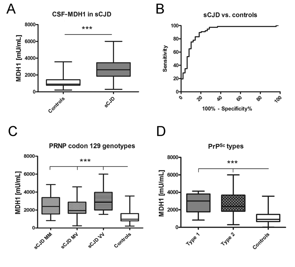 Determination of MDH1 levels in CSF of sCJD patients. MDH1 was quantified by ELISA in CSF of sCJD and control patients. (A) Patients with sCJD (n=82) exhibited a significantly increased level of MDH1 compared to controls (n=60). (B) ROC curve analysis was performed for the discrimination between sCJD patients and controls. (C-D) MDH1 analysis of different PRNP codon 129 genotypes and PrPSc types in sCJD patients revealed no significant differences within the sCJD cohort (only when compared to controls). AUC values, corresponding to the area under ROC curves, and 95% confidence intervals are reported. For comparison between groups we used One-way ANOVA or 1-way or Wilcoxon Mann Whitney and Tukey’s post hoc test. A p-value 