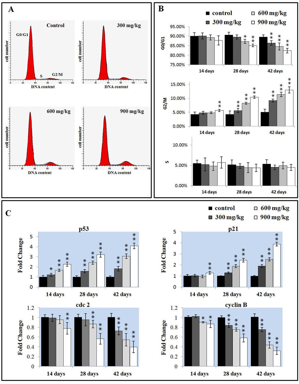 Changes of the cell cycle in the liver. (A) Representative flow cytometric diagram of cell cycle analysis. (B) Changes of the percentage of G0/G1, G2/M, and S phase in the liver. (C) Changes of the G2/M phase regulators mRNA expression levels. Data are presented with the mean ± standard deviation (n=5). *PP