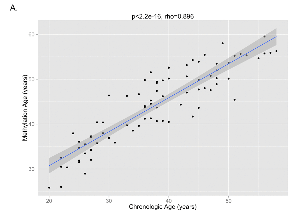 The correlation between DNA methylation age and chronologic age from all subjects inclusive of all time points is shown, demonstrating a high correlation between the two measures (p