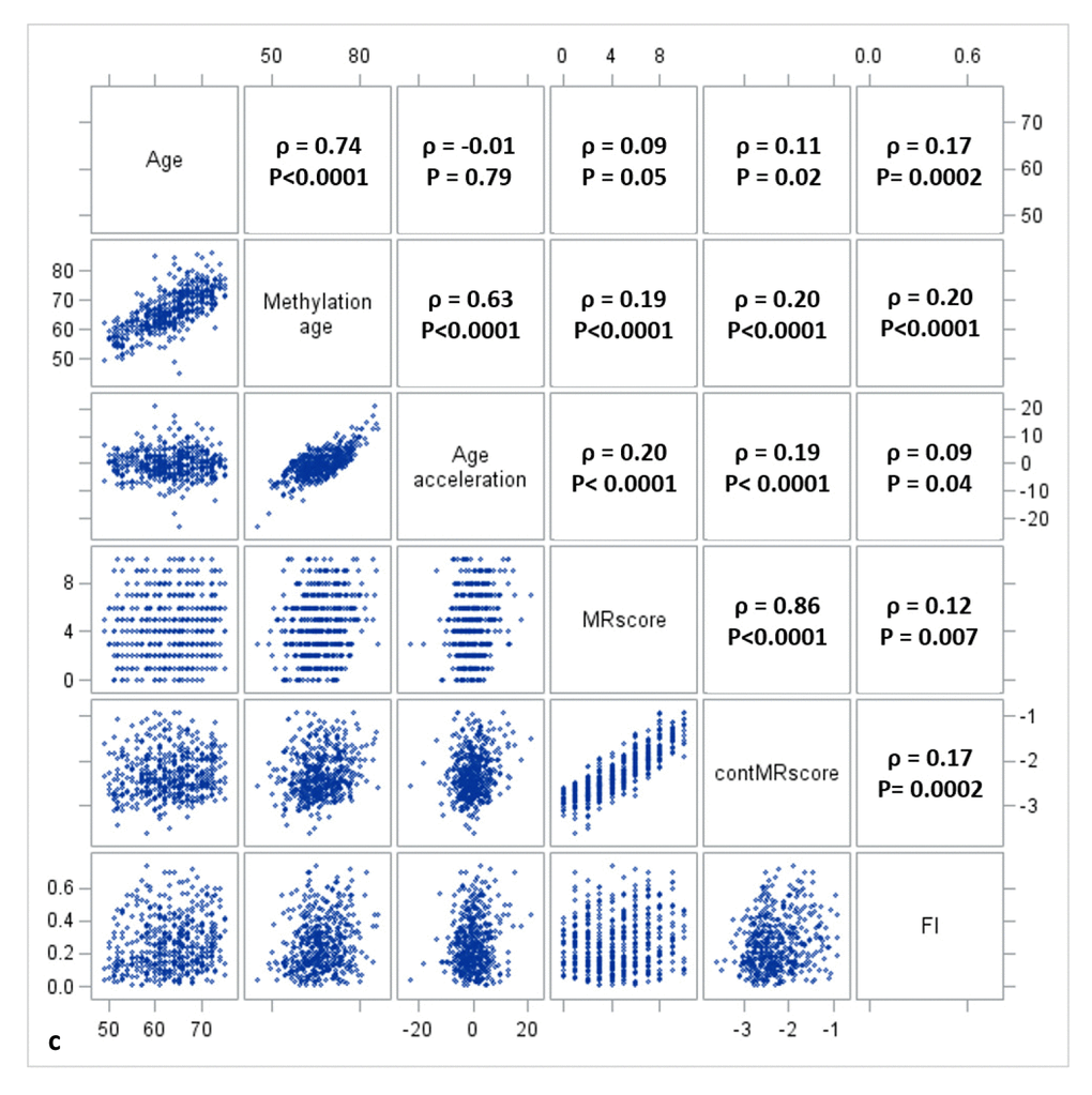 Correlation matrix of methylomic survival predictors and frailty in subset III.