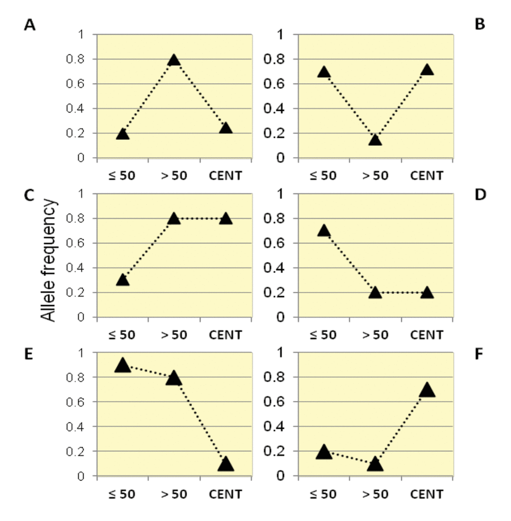 Patterns of allele frequency in the Italian population. SNPs with significant differences in allele frequencies between Group1, Group2 and centenarians (Group 3) were divided into six different categories (Class A, B, C, D, E, F) according to their frequency trajectory over the three examined age intervals.