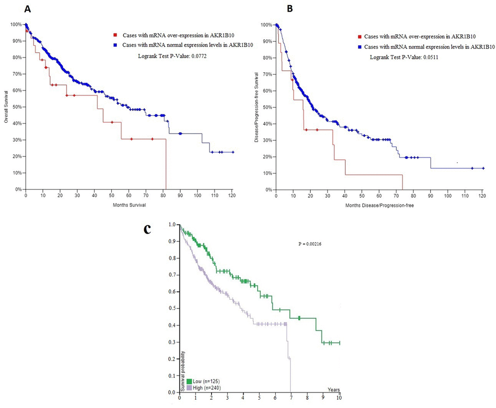 (A, B) The overall survival (OS) and disease free survival (DFS) curves in patients with and without mRNA over-expression in AKR1B10. (C) The correlation between AKR1B10 mRNA expression level in liver cancer and patient survival from the pathology atlas of the human cancer transcriptome .Corresponding expression cutoff= 26.8 FPKM. 5-year survival for patients with high expression= 41% , 5-year survival for patients with low expression= 57%, and log-rank P value = 0.00216. URL: <a href="https://www.proteinatlas.org/ENSG00000198074-AKR1B10/pathology/tissue/liver+cancer#ihc" target="