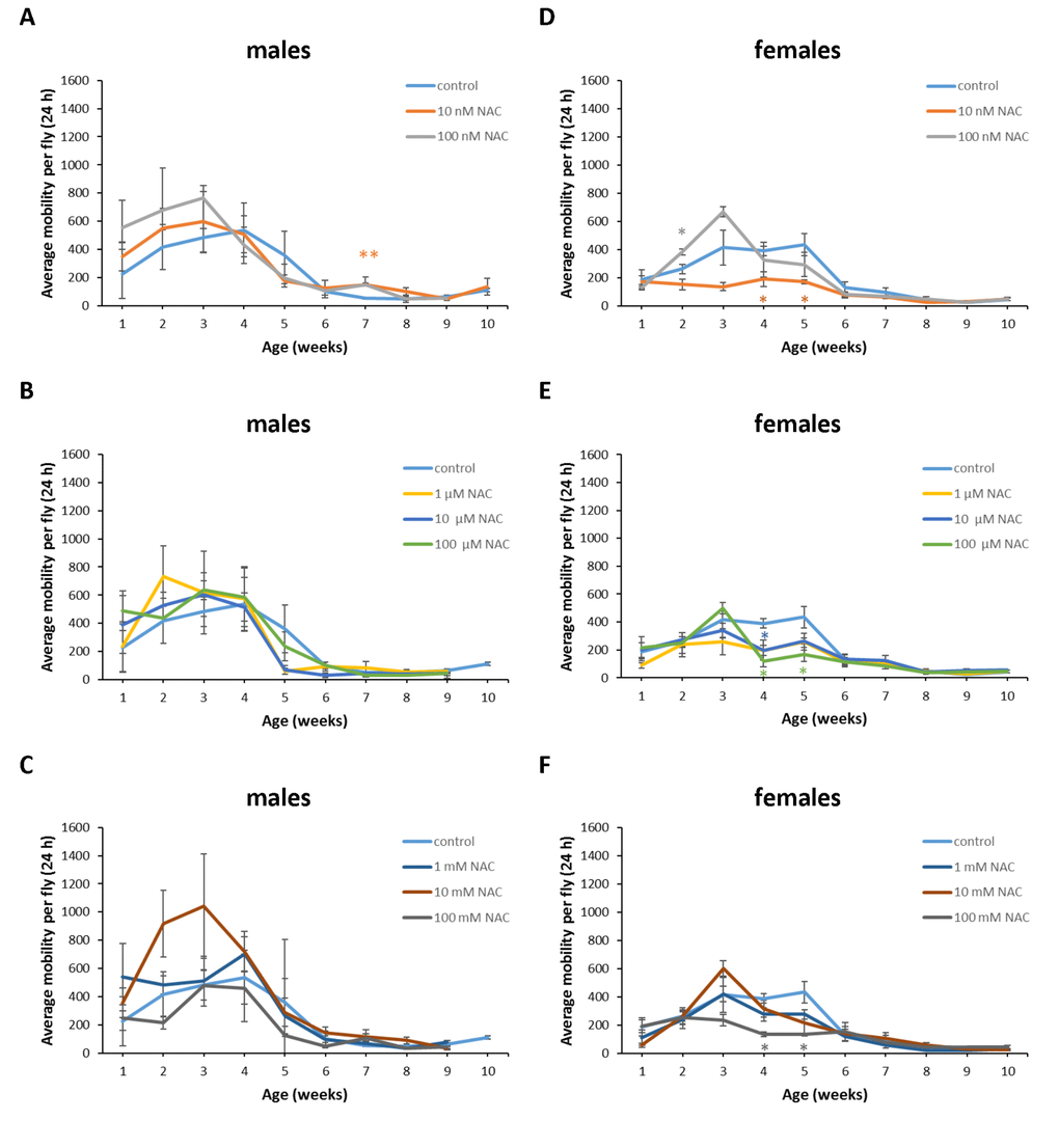 Influence of NAC supplementation on age-dependent dynamics of total daily locomotor activity of D. melanogaster males (A, B, C) and females (D, E, F). The error bars show standard errors. *p