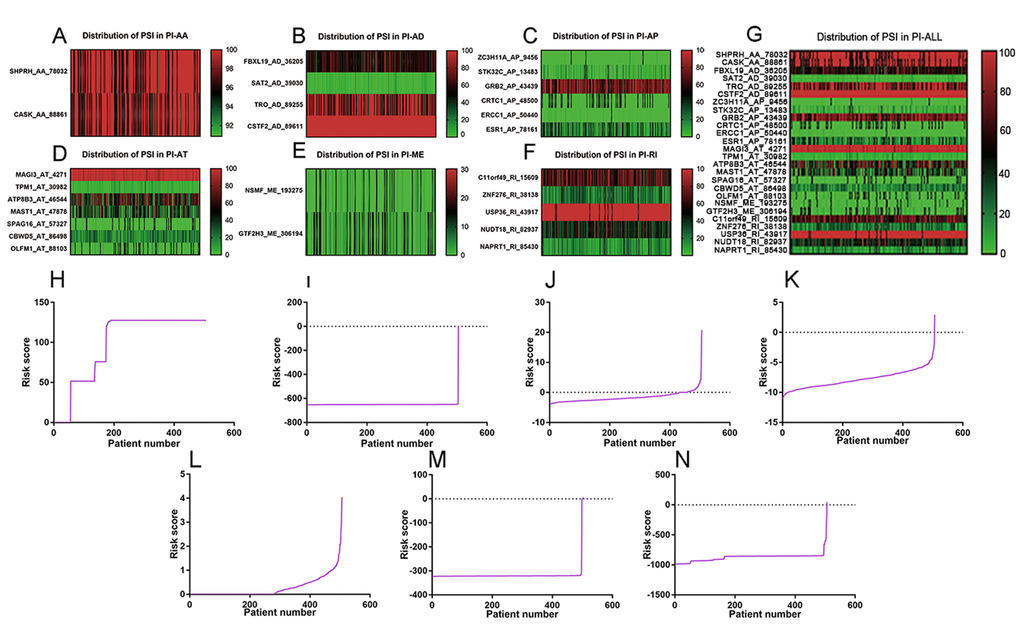 Distribution of PSI values and risk scores in each PI model. (A) distribution of PSI values in PI-AA model. (B) distribution of PSI values in PI-AD model. (C) distribution of PSI values in PI-AP model. (D) distribution of PSI values in PI-AT model. (E) Distribution of PSI values in PI-ME model. (F) Distribution of PSI values in PI-RI model. (G) Distribution of PSI values in PI-ALL model. The range of PSI values was annotated by a spectrum of colors from green to red; (H) Risk scores derived from significant survival-associated AS events in AA type. (I) Risk scores derived from significant survival-associated AS events in AD type. (J) Risk scores derived from significant survival-associated AS events in AP type. (K) Risk scores derived from significant survival-associated AS events in AT type. (L) Risk scores derived from significant survival-associated AS events in ME type. (M) Risk scores derived from significant survival-associated AS events in RI type. (N) Risk scores derived from significant survival-associated AS events in all types.
