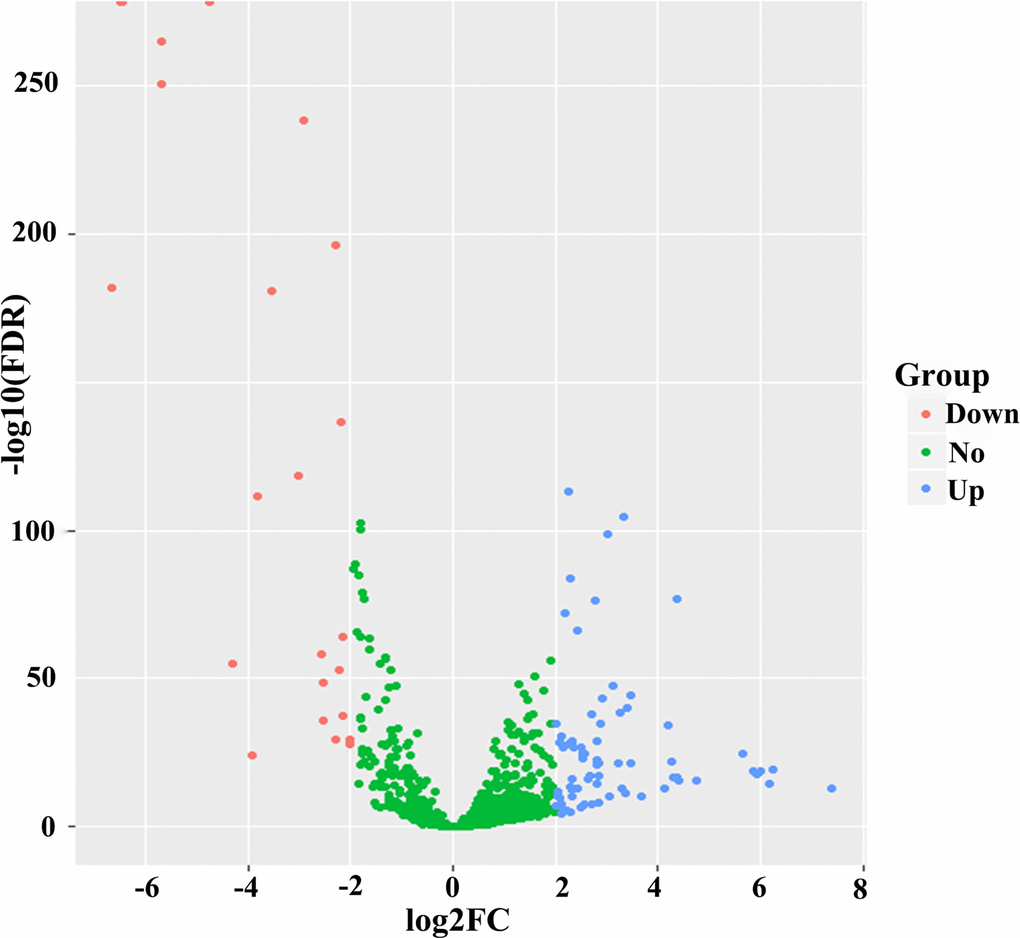 Volcano plot of 1601 miRNAs in breast cancer patients. Blue color indicates up-regulated expression, and red color represents down-regulated expression.