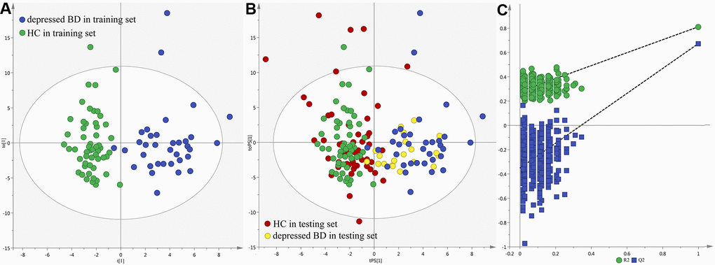 Metabolomic analysis of urine samples from the recruited subjects. (A) OPLS-DA model; (B) T-predicted scatter plot; (C) 300-iteration permutation test.