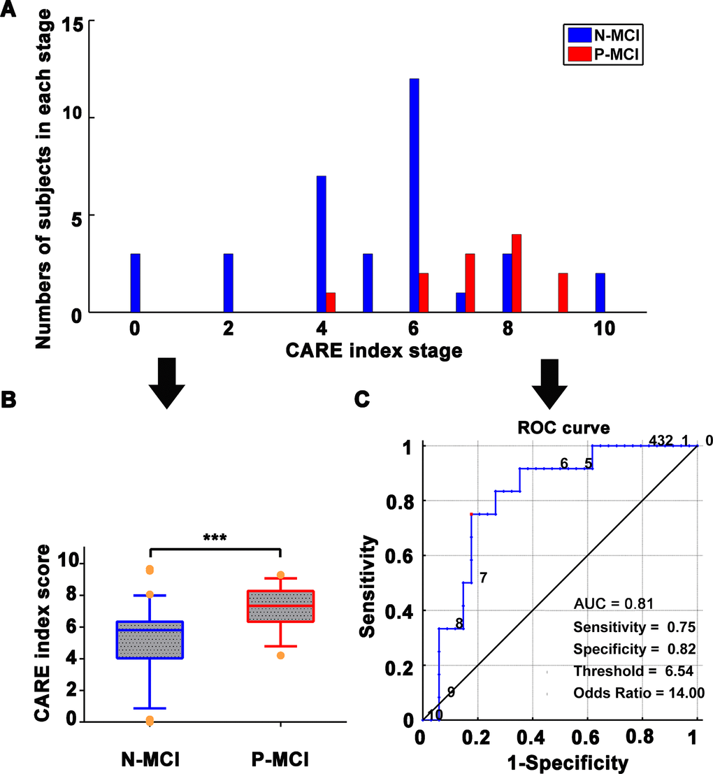 Classification of N-MCI and P-MCI in the ADNI dataset by the CARE index. (A) Number of patients in each diagnostic category at each CARE index stage at baseline; data from the ADNI dataset. N-MCI subjects are represented in blue and P-MCI subjects in red. Each CARE index stage on the x-axis corresponds to the occurrence of a new biomarker transition event. Stage 0 corresponds to no events having occurred and stage 10 to all events having occurred. The optimal temporal sequence, Soptimal, of the 10 AD Biomarkers was used to calculate the CARE index. The Soptimal was estimated by the event-based probabilistic model. The Soptimal biomarker sequence is 1) increased HIP FCI, 2) decreased PCC FCI, 3) decreased Aβ concentration, 4) increased p-tau concentration, 5) decreased MMSE score, 6) increased ADAS score, 7) decreased HIP GMI, 8) decreased AVLT score, 9) decreased FG GMI, and 10) increased FG FCI. The details of the calculation of the Soptimal biomarker sequence and CARE index score can be found in our previously published studies [16] and are also provided in SI Methods. (B) Boxplot representing the distribution comparison of N-MCI and P-MCI subjects. For each boxplot, the band represents the median value, the box represents the interquartile range, and whiskers show the range of data without outliers (an outlier being defined as any value that lies more than one-and-a-half times the interquartile range from either end of the box). Differences were assessed between the two groups using Mann-Whitney tests; ***p C) The power of receiver operating characteristic (ROC) curve of the CARE index “classifier” in classifying the diagnosis of P-MCI versus N-MCI at baseline in the ADNI dataset. Note: Numbers next to the ROC curve indicate the CARE index threshold. The values of sensitivity, specificity, and odds ratio in lower right of the figure present the optimum values under the optimum CARE index threshold (red piont). Abbreviations: ADNI, Alzheimer’s Disease Neuroimaging Initiative; AD, Alzheimer’s disease; P-MCI, progressive MCI, including MCI subjects who progressed to AD-type dementia at the three-year follow-up; N-MCI, nonprogressive MCI, including MCI subjects who had not progressed to dementia at the three-year follow-up; MCI, mild cognitive impairment; CARE, characterizing AD risk event; ROC, receiver operating characteristic; AUC, area under curve; Opt, optimum; HIP, hippocampus; PCC, posterior cingulate cortex; FG, fusiform gyrus; FCI, functional connectivity indices; GMI, gray matter indices; Aβ, β-amyloid; p-tau, phosphorylated tau; MMSE, Mini-Mental State Examination; ADAS-Cog, Alzheimer’s Disease Assessment Scale-Cognitive Subscale; AVLT, Rey Auditory Verbal Learning Test.