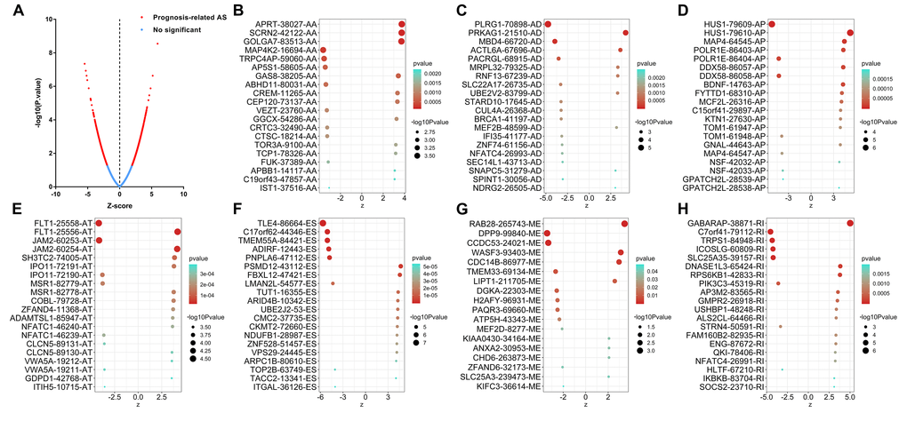 Top 20 most significant alternative splicing (AS) events in papillary thyroid cancer. (A) The red dots represent AS events that are significantly correlated with patient survival. The blue dots represent AS events without correlation. The top 20 AS events correlated with clinical outcome based on acceptor sites (B), alternate donor sites (C), alternate promoters (D), alternate terminators (E), exon skips (F), mutually exclusive exons (G), and retained introns (H).