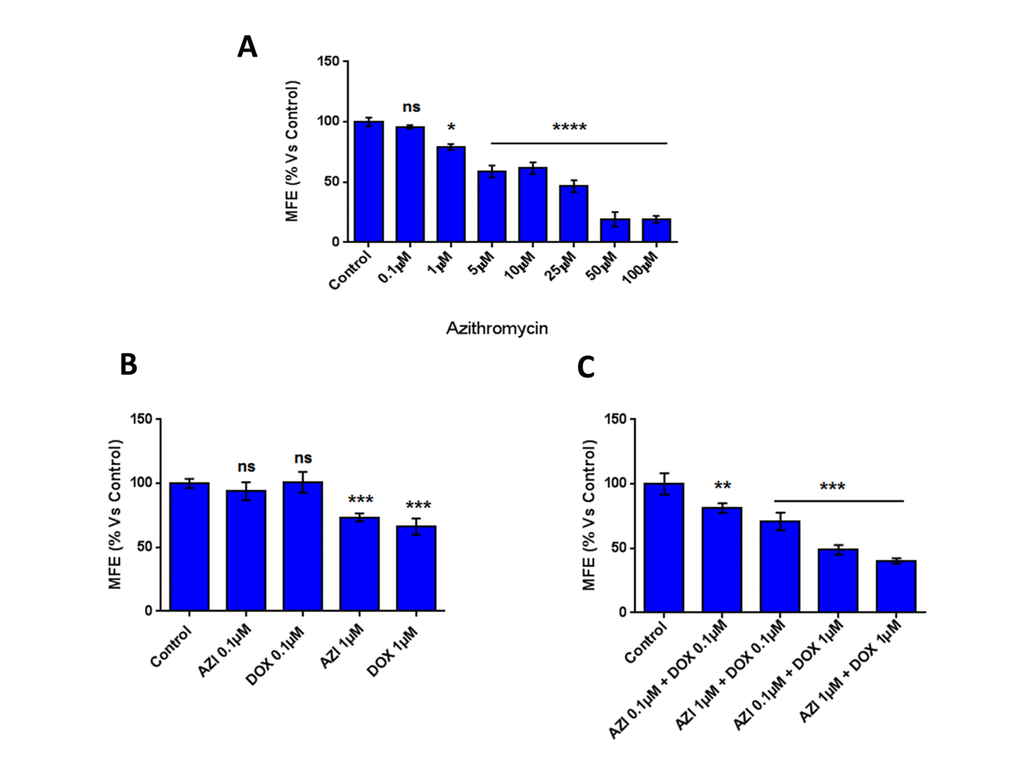 The combination of low-dose Doxycycline and Azithromycin inhibits mammosphere formation. Note that this combination in MCF7 breast cancer cells, inhibited 3D mammosphere formation with greater efficacy than the two drugs alone. *p 