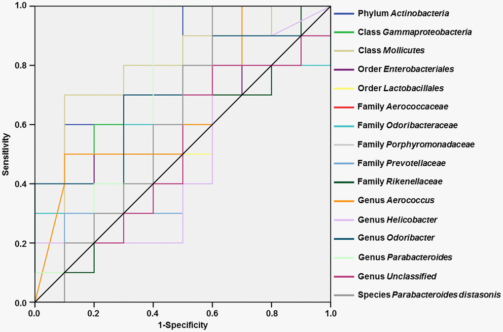 ROC curves of various gut microbes for the diagnosis of diabetes-induced cognitive dysfunction. (A) Phylum Actinobacteria (AUC = 0.800). (B) Class Gammaproteobacteria (AUC = 0.680). (C) Class Mollicutes (AUC = 0.800). (D) Order Enterobacteriales (AUC = 0.640). (E) Order Lactobacillales (AUC = 0.600). (F) Family Aerococcaceae (AUC = 0.660). (G) Family Odoribacteraceae (AUC = 0.600). (H) Family Porphyromonadaceae (AUC = 0.710). (I) Family Prevotellaceae (AUC = 0.520). (J) Family Rikenellaceae (AUC = 0.520). (K) Genus Aerococcus (AUC = 0.660). (L) Genus Helicobacter (AUC = 0.510). (M) Genus Odoribacter (AUC = 0.700). (N) Genus Parabacteroides (AUC = 0.710). (O) Genus Unclassified (AUC = 0.510). (P) Species Parabacteroides distasonis (AUC = 0.630). AUC: area under the curve; ROC: receiver operating characteristic.