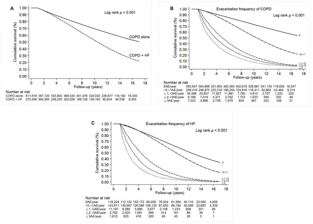 (A) Survival of patients with COPD alone or COPD-heart failure overlap (COPD + HF). (B) Survival of patients with COPD. (C) Survival of patients with HF.