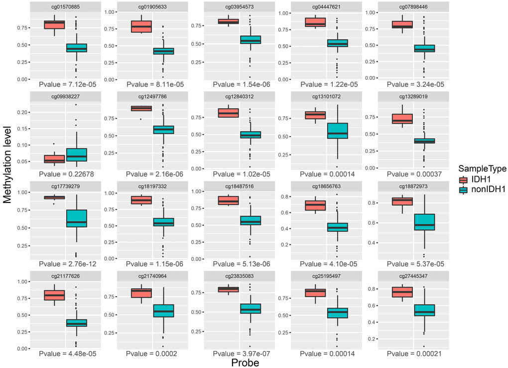 The expression profiles of 20 methylation sites between IDH1 mutation and non-mutation groups.