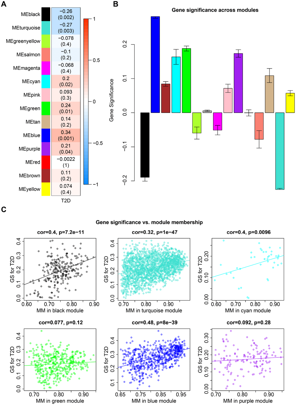 Co-expression modules in caudate. (A) Each row corresponds to a module eigengene and column indicate T2D status. The table were colored by correlation according to the legend. Each cell contains the corresponding correlation and P-value. (B) Each bar indicates the average of gene significance measure for all genes in a given module. (C) GS vs. MM plot for modules significantly correlated with T2D status. Each point corresponds to an individual gene within a given module, which was plotted by GS on the y-axis and MM on the x-axis. The regression line, correlation value and P-value were shown for each module.