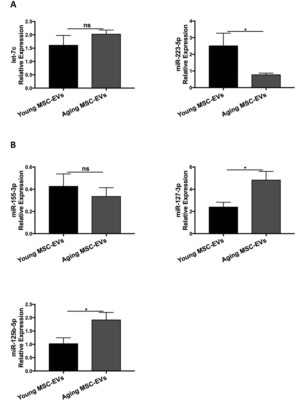 Young and aging MSC-EVs expressed differential levels of miRNAs. (A and B) Young and aging MSC-EVs were isolated from supernatants of MSCs via ultracentrifugation and levels of miRNAs associated with macrophage polarization (let-7c, miR-223-5p, miR-155-3p, miR-127-3p, and miR-125b-5p) in MSC-EVs were analyzed via qRT-PCR. All miRNAs were standardized to U6 snRNA using standard ΔΔCt method. Data are presented as mean ± SEM, n = 4–8. *p 