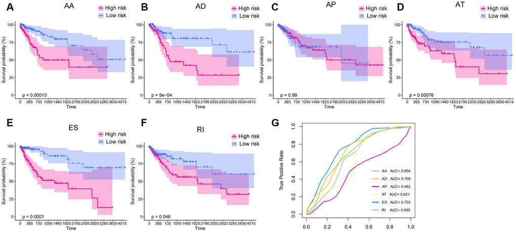 Kaplan-Meier plots and ROC curves of prognostic models for different AS patterns. (A–F) Kaplan-Meier curves of prognostic models built with the AA, AD, AP, AT, ES and RI patterns of AS, respectively. The red line indicates the high-risk group, whereas the blue line indicates the low-risk group. (G) The ROC curves of the predictive models for the different AS patterns.