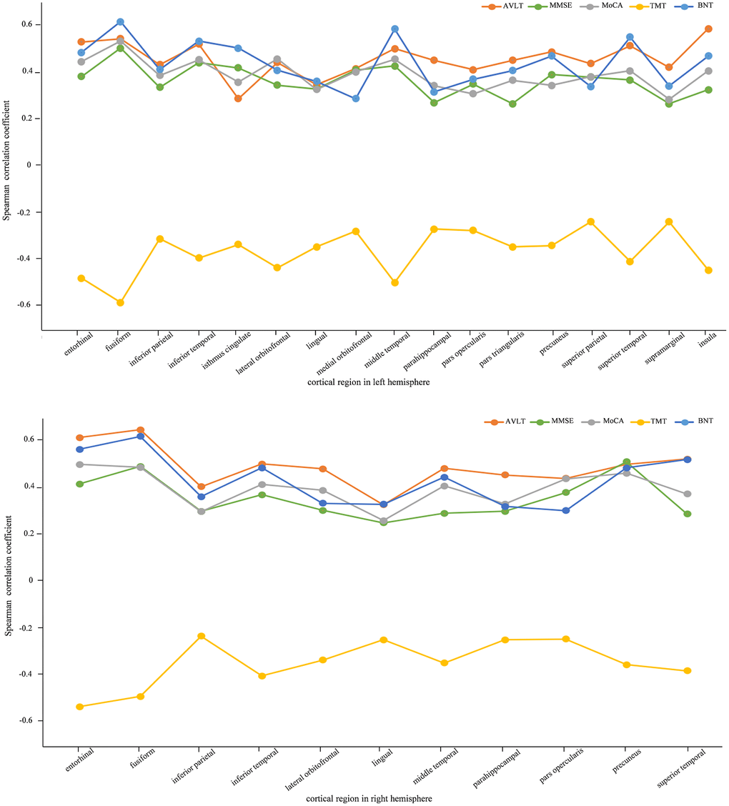 Spearman correlation between cortical thickness and neuropsychological measurements for AD, aMCI-m, aMCI-s and NC groups. The figures list the high correlation cortical regions with corresponding neuropsychological measurements (p 