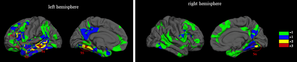 Significant frequency for the vertex-based statistical analysis. Green indicated the areas showed significant clusters in one comparison for the four group comparisons and blue indicated the areas showed statistically significant in at least two group comparisons.