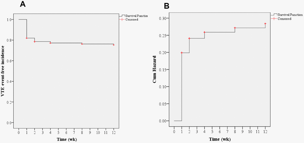 Overall Kaplan-Meier analysis. (A) Time-to-event analysis of postoperative VTE incidences; (B) Cumulative hazard model (log-rank test, P