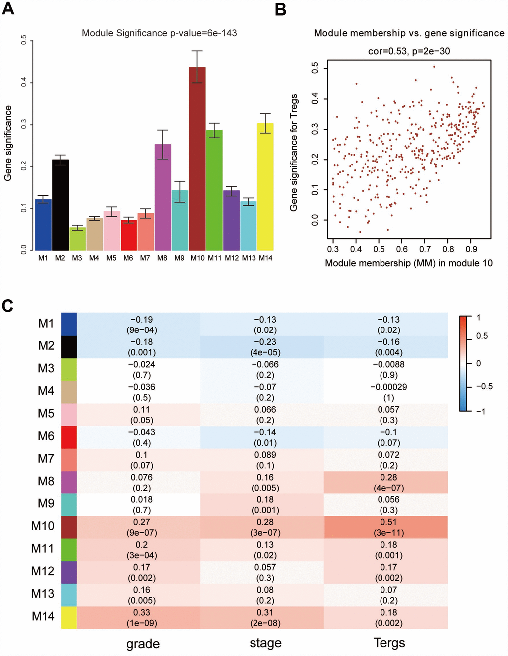 Identification of modules associated with clinical characteristics. (A) Distribution of average gene significance and errors in the modules associated with the proportion of Treg cells in ccRCC. (B) Scatter plot of module eigengenes in module 10. (C) Heatmap of the correlation between module eigengenes and different clinical characteristics of ccRCC.