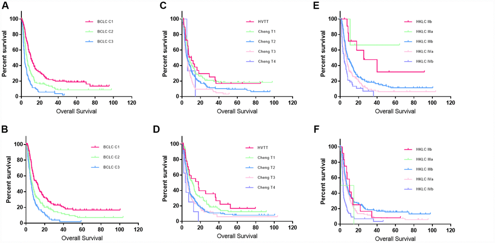 Kaplan–Meier curves for the training and validation sets. (A and B) Kaplan–Meier curves for the training and validation sets created using the new classification system. (C and D) Kaplan–Meier curves for the training and validation sets created using Cheng’s portal vein staging system. (E and F) Kaplan-Meier curves for the training and validation sets created using the HKLC system.