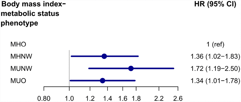 Adjusted* HRs and 95% Confidence Intervals of MHNW, MUNW and MUO groups with MHO group as reference. *Adjusted for age, sex, APOE Ɛ4 status, cognitive diagnosis, education, tobacco and alcohol use, and low-density lipoprotein cholesterol. Abbreviations: MHNW, metabolically healthy normal weight; MUNW, metabolically unhealthy normal weight; MHO, metabolically healthy overweight/obese; MUO, metabolically unhealthy overweight/obese.