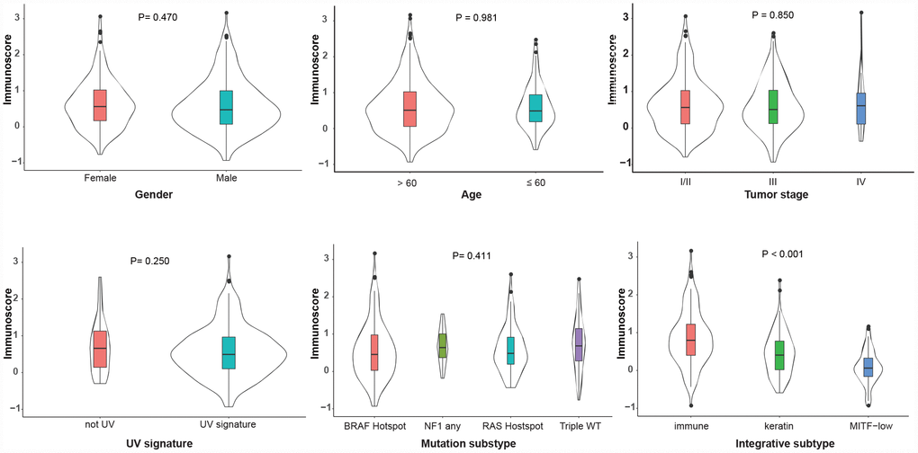 Distribution of the immunoscore in different clinicopathological characteristics in the TCGA dataset. The classifications of the UV signature, mutation subtype and integrative subtype are described by the TCGA genomic classification program [18]. The box plots inside the violin indicate the median value and interquartile range of immunoscore. We calculated the P-values using one-way ANOVA. UV, ultraviolet; TCGA, The Cancer Genome Atlas.