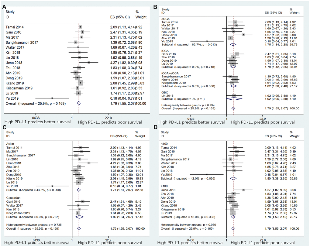 Forest plots for the association between PD-L1 expression and overall survival (OS) categorized by different subgroups: (A) the entire patient group; (B) patients with eCCA, iCCA, iCCA+eCCA, or GBC; (C) patients with Asian ethnicity or Caucasian ethnicity; and (D) studies with sample size ≥100 or sample size 