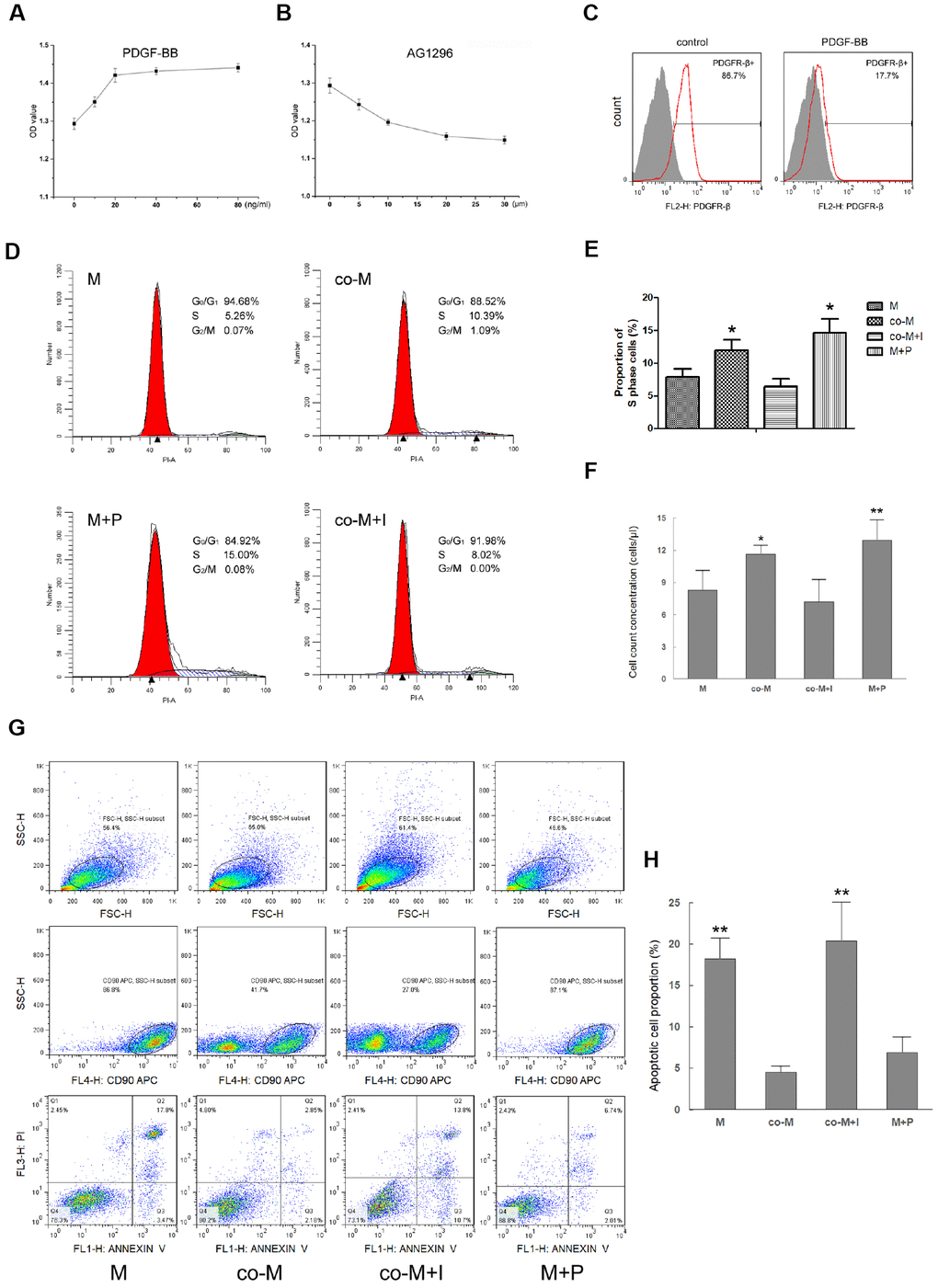 Effect of PDGF-BB/PDGFR-β signaling on viability of MSCs. MSCs were treated with PDGF-BB at concentrations of 10, 20, 40 or 80ng/ml. CCK-8 assay revealed maximal proliferation of MSCs induced with PDGF-BB at concentration of 20 ng/ml or more. Results are mean ± SD from three independent experiments (A). co-MSCs were treated with AG1296 (PDGFR-β inhibitor), and CCK-8 assay revealed maximal inhibition of proliferation at concentration of 20μm or more. Results are mean ± SD from three independent experiments (B). Flow cytometry revealed that after treated with 20ng/ml PDGF-BB, detection of PDGFR-β+ MSCs decreased due to combination of PDGF-BB and PDGFR-β (C). The cell cycle analysis noted that compared with M and co-M+I groups, the proportion of cells in S phase significantly increased in either co-M or M+P group. Results are mean ± SD from three independent experiments (D, E). Cell count concentration was assessed using the CountBright with flow cytometry. The result was consistent with the cell cycle. Results are mean ± SD from three independent experiments (F). Cell apoptosis detected with flow cytometry revealed that compared with M and co-M+I groups, the proportion of apoptotic cells significantly decreased in either co-M or M+P group (G, H). *PP