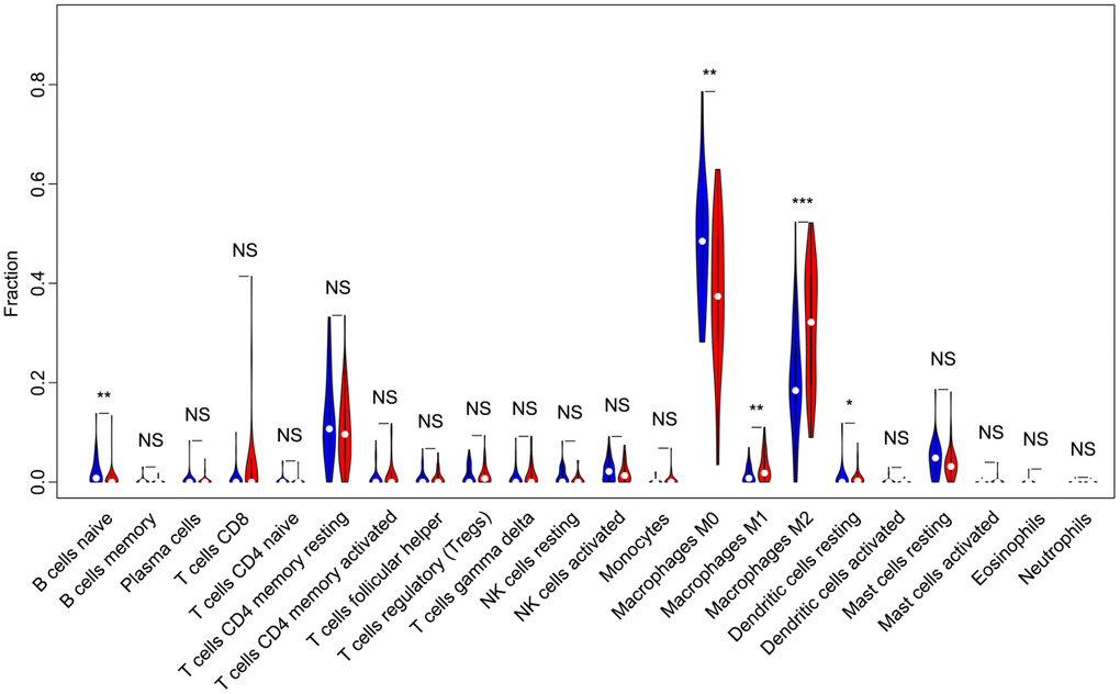 Violin plot comparing the proportions of TIICs between low and high immune score OS samples. Horizontal and vertical axes respectively represent TIICs and relative percentages. Blue and red colors represent low and high immune score OS samples, respectively. Data were assessed by the Wilcoxon rank-sum test. *P**P***P