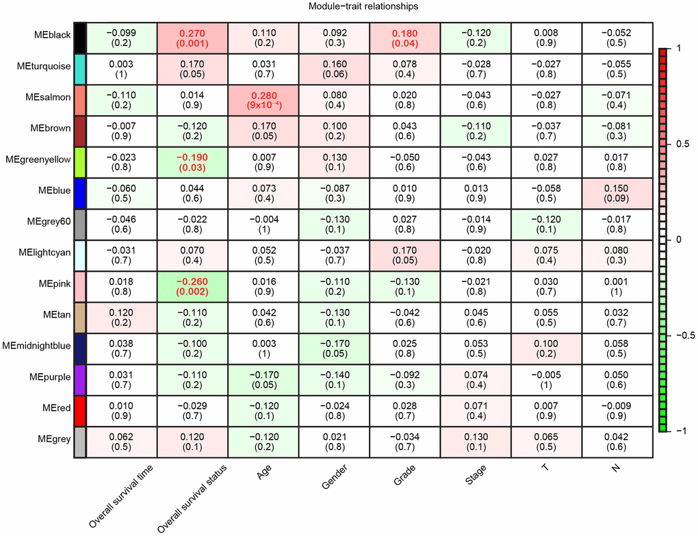 Module-trait relationships. Each row represents a color-coded module eigengene, each column represents a clinical trait, and each cell represents the Pearson correlation coefficient (top number) and p value (in parentheses) of the corresponding module-trait. The color of each cell indicates the degree of correlation, as shown in the key. Abbreviations: T, Primary tumor; N, Regional lymph nodes.