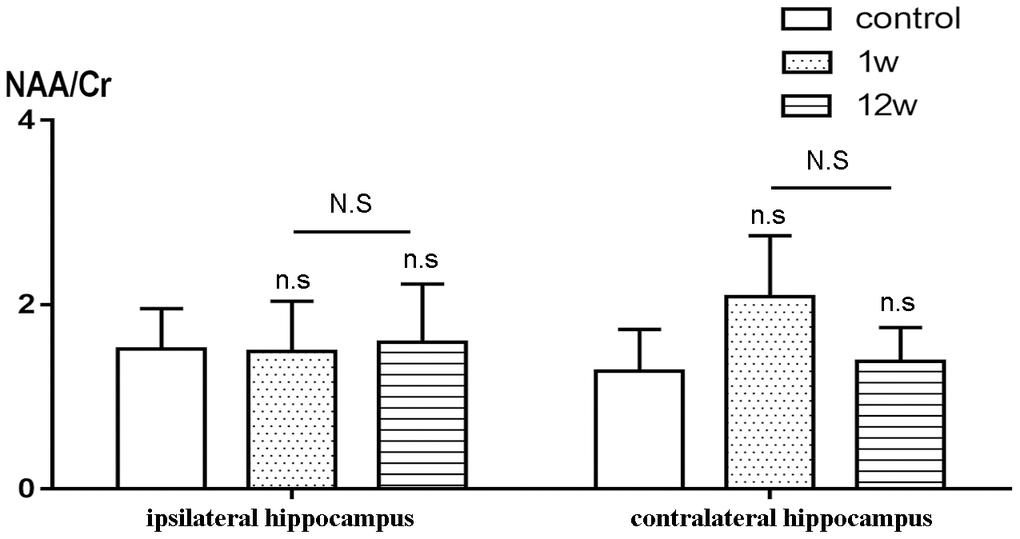 Comparison of NAA/Cr between ICH group and control group. n.s P>0.05 compared with control group; N.S P>0.05 compared with 1st w.