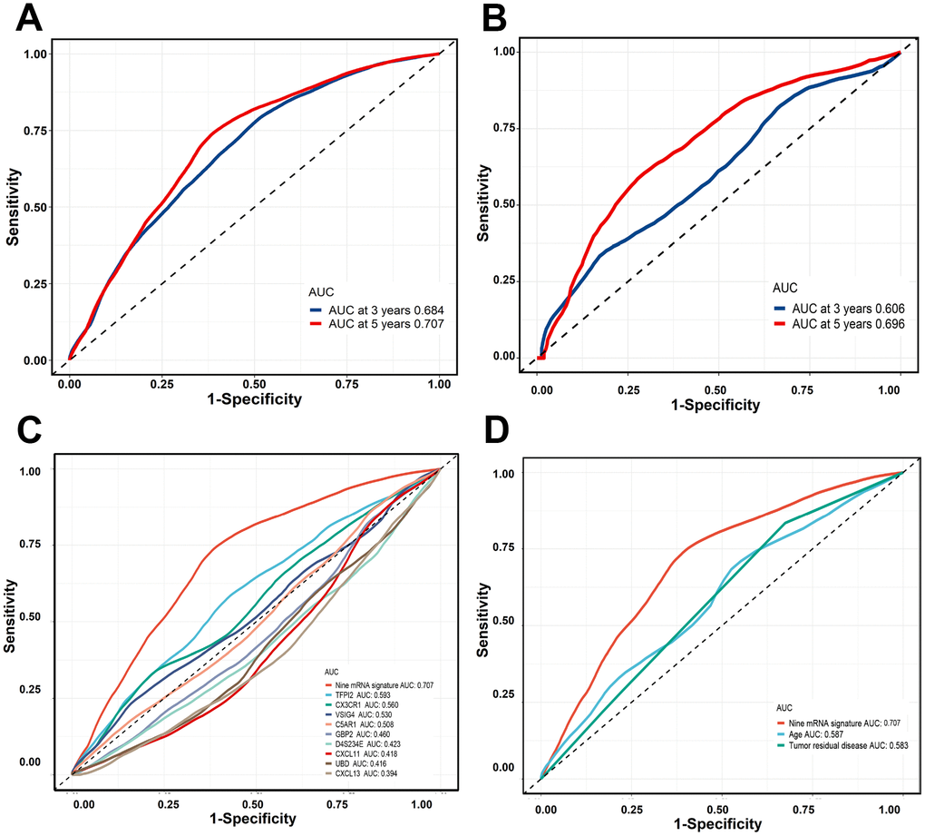 Time-dependent ROC curves were generated to evaluate the nine-gene signature performance. (A, B) Three-years or five-years ROC curves of the nine-gene signature in the training cohort and validation cohort. © Five-years ROC curves for nine-gene signature and single gene. (D) Five-years ROC curves for nine-gene signature and clinical risk factor.