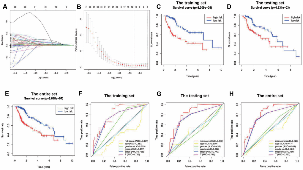 LASSO coefficient profiles of the 7 immune genes are depicted in (A, B) show the selection of the tuning parameter (lambda) in the LASSO model by tenfold cross-validation based on minimum criteria for OS; the lower X axis shows log (lambda), and the upper X axis shows the average number of OS-genes. The Y axis indicates partial likelihood deviance error. Red dots represent average partial likelihood deviances for every model with a given lambda, and vertical bars indicate the upper and lower values of the partial likelihood deviance errors. The vertical black dotted lines define the optimal values of lambda, which provides the best fit. Survival curves of patients in high risk group and low risk group of the training set (C), the testing set (D) and the entire set (E) are shown. Patients in high-risk group suffered shorter overall survival. (F–H) show survival-dependent receiver operating characteristic (ROC) curves validation at 1 – year of prognostic value of the prognostic index in the three sets (the training set, the testing set and the entire set, respectively).