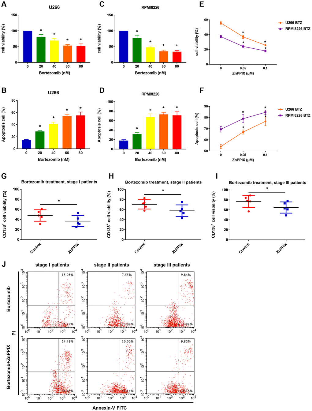 HO-1 inhibition enhances myeloma cell sensitivity to bortezomib. (A, B) Effects of bortezomib on the viability and apoptosis of U266 cell. Cells were treated with the indicated doses of bortezomib for 24 h and the percentage of cell viability was assessed by the CCK8 assay relative to an untreated control. (C, D) Effects of bortezomib on the viability and apoptosis of RPMI8226 cell. (E, F) Effects of ZnPPIX on the viability and apoptosis of myeloma cells in the presence of bortezomib. Cells were treated with the indicated doses of ZnPPIX plus bortezomib for 24 h. Data are presented as mean ± SD (n = 4). *P G–I) CCK8 showing the cell viability of human primary CD138+ cells treated with bortezomib alone (control group) or bortezomib plus ZnPPIX. n=5, *PJ) Cell apoptosis (Q2+Q3) of human primary CD138+ cells assessed by flow cytometry after treatment with or without ZnPPIX for 24 h.