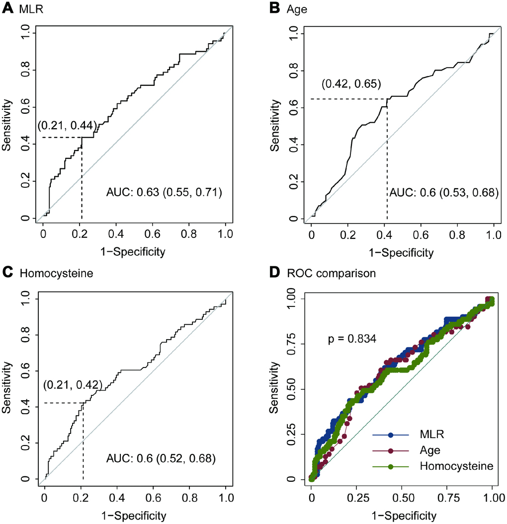 ROC of MLR (A), age (B), homocysteine (C) and ROC comparison (D) for imaging progression in chest CT from COVID-19 patients.