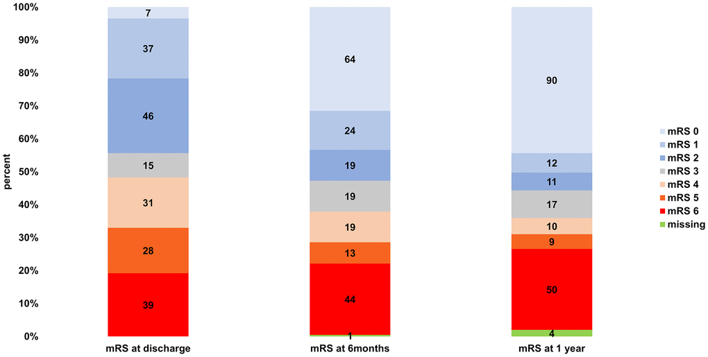 Stratified mRSs at discharge, 6 months, and 1 year.