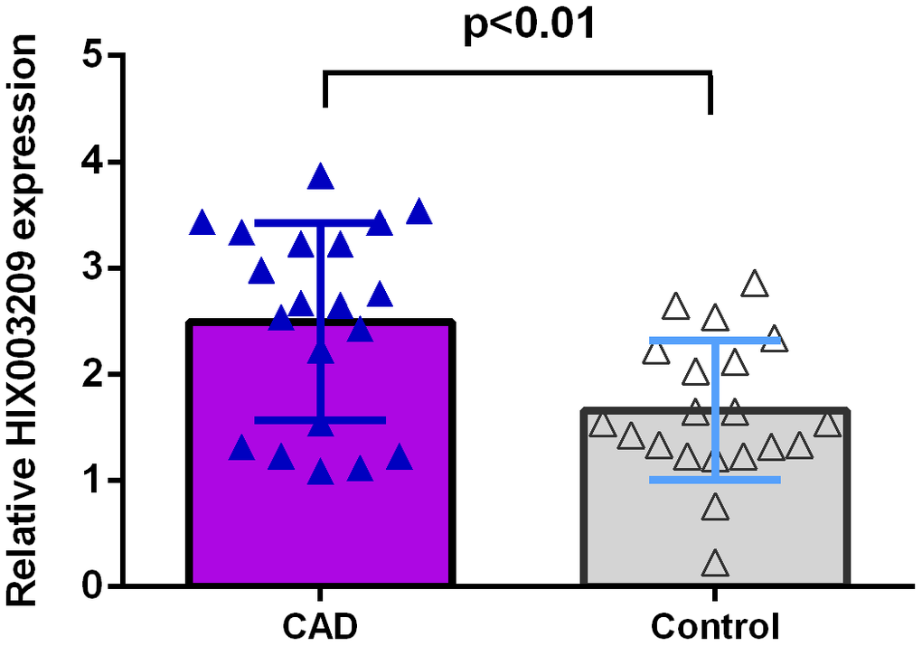 HIX003209 expression was overexpressed in CAD. The expression of HIX003209 was higher in atherosclerotic coronary tissues compared to normal coronary artery samples (p