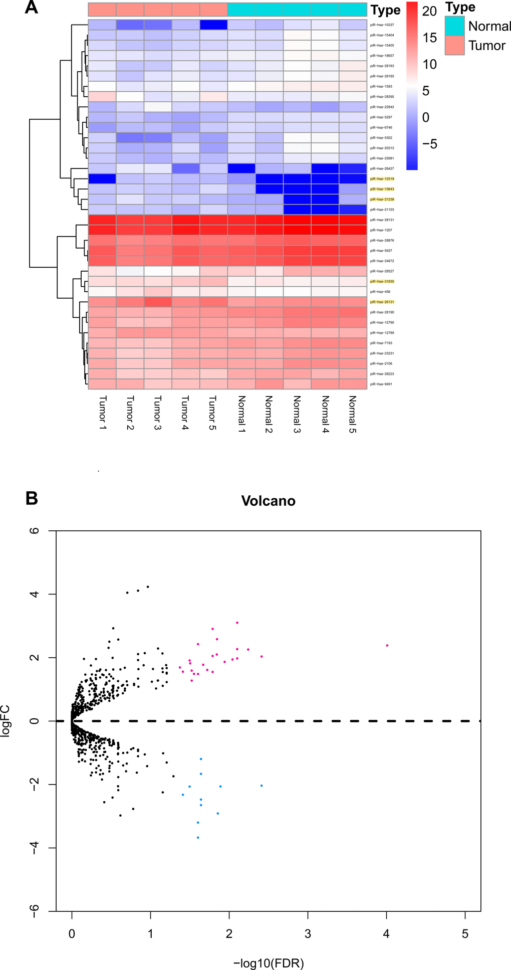 Differential piRNAs changes in papillary thyroid carcinoma tissues compared with normal thyroid. (A) Result of hierarchical clustering for top 35 differential piRNAs. (B) Result of volcano for five pairs of papillary thyroid carcinoma tissues.