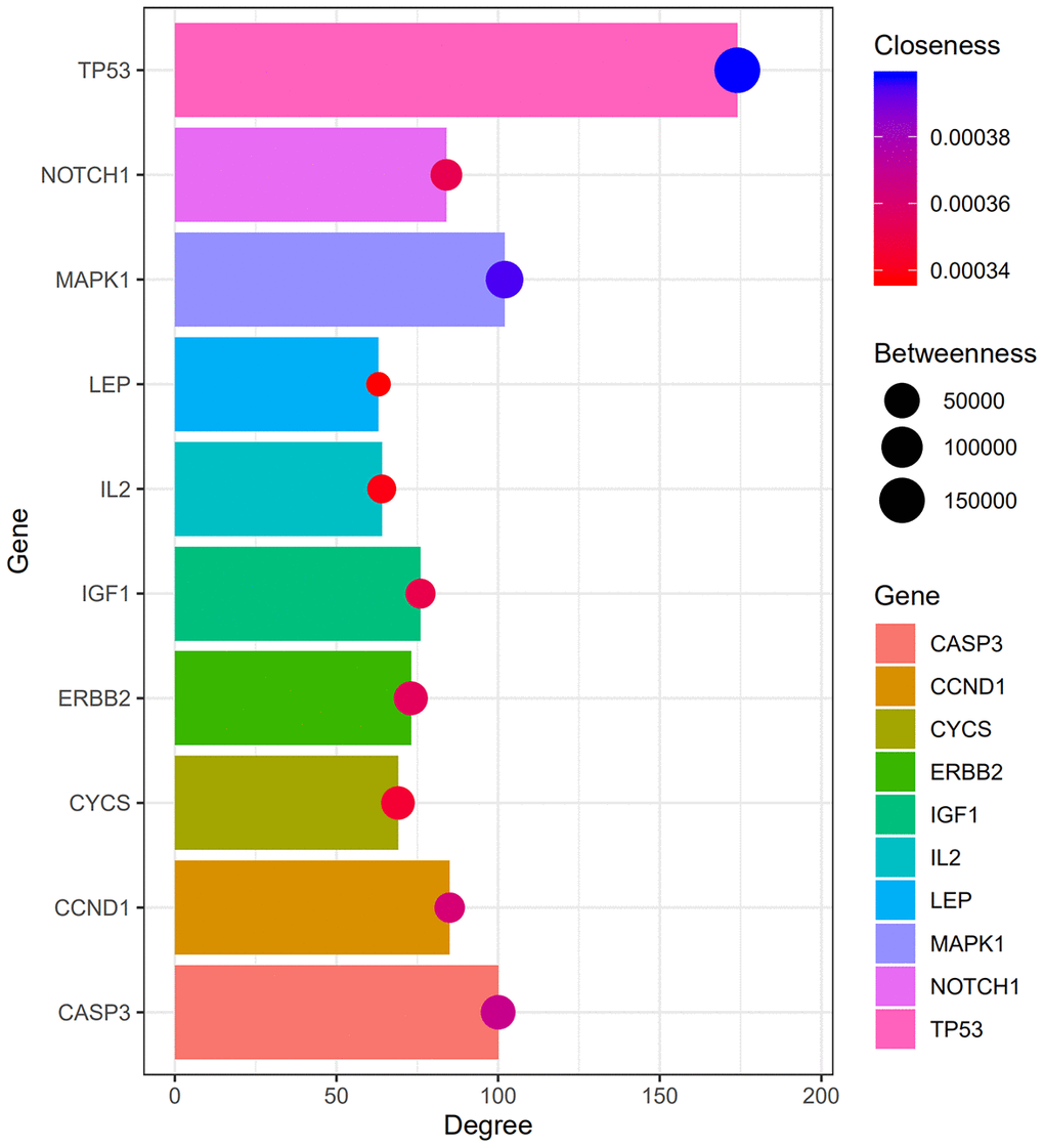 Degree, betweenness, closeness of hub genes. Within the PPI network, the top three hub genes with highest degree, betweenness and closeness scores are TP53, MAPK1, and CASP3.