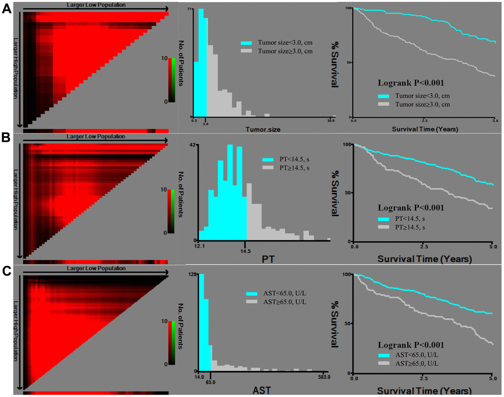 X-tile analysis of tumor size (A), PT (B), and AST (C), which were independently associated with mortality. Abbreviations: PT: prothrombin time; AST: aspartate transaminase.