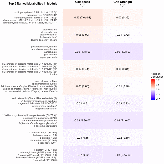 Correlations of metabolite modules with physical performance. Colors represent correlation strength, ranging from blue (-1) to red (1). * indicates compounds with Metabolomics Standards Initiative confidence level 2.